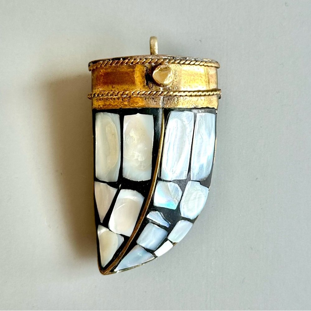 Handmade Horn Pendant, Mother of Pearl/Brass